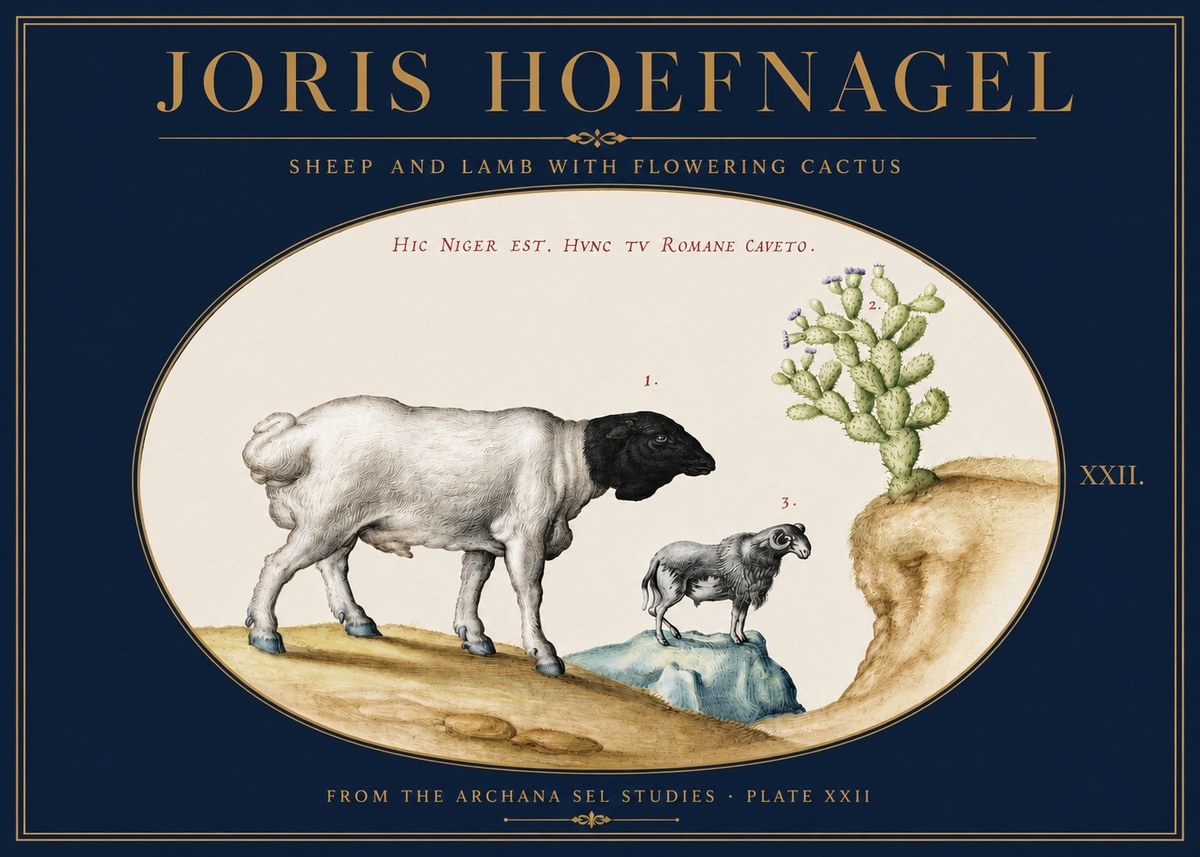 Joris Hoefnagel Sheep and Lamb with Flowering Cactus No3 - Juliste