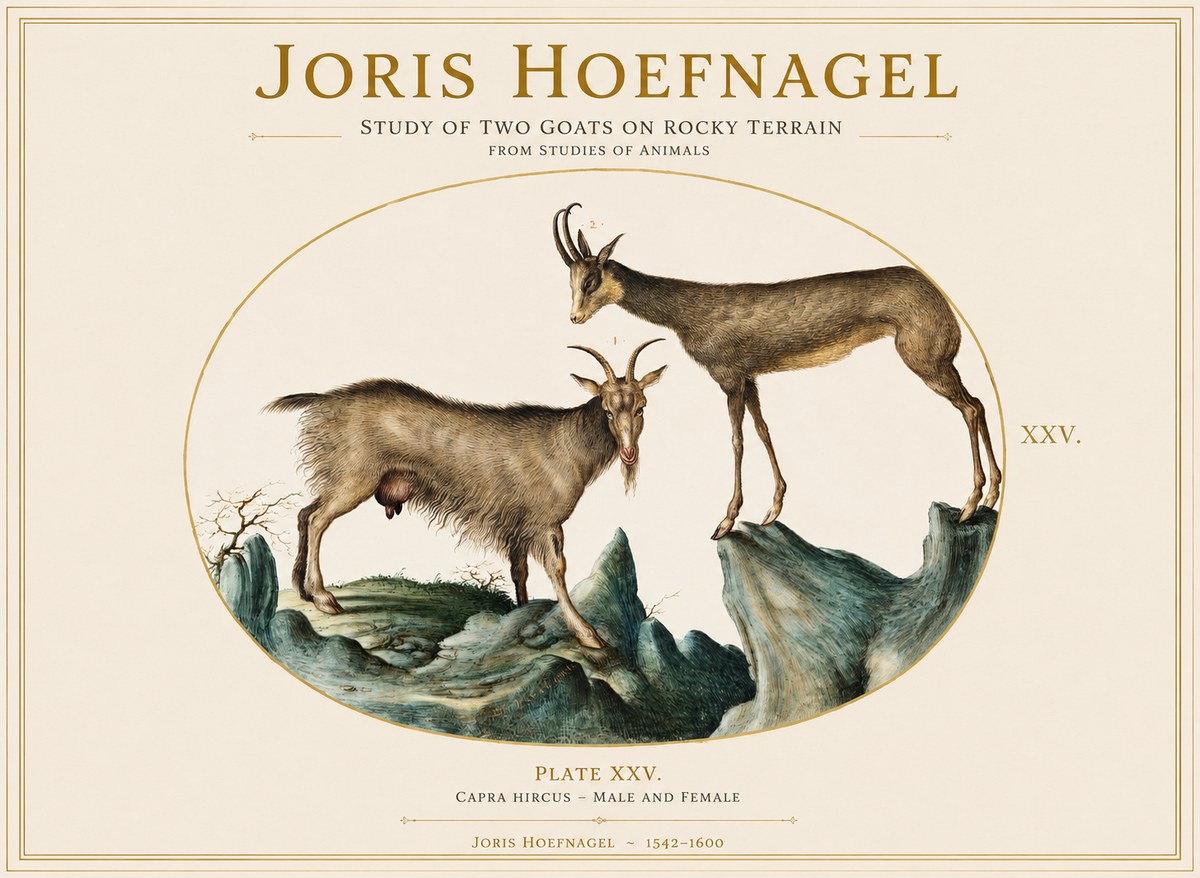 Joris Hoefnagel Study of Two Goats on Rocky Terrain No1 - Juliste