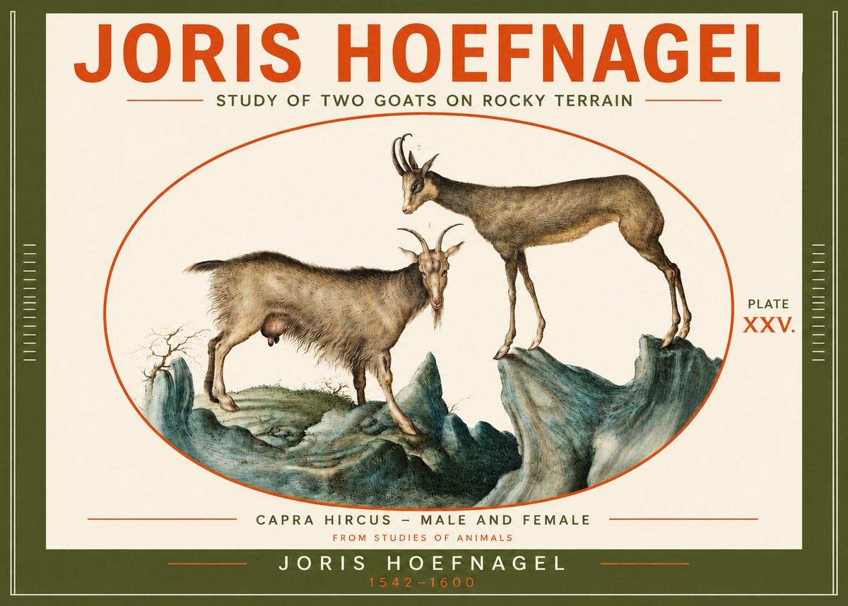 Joris Hoefnagel Study of Two Goats on Rocky Terrain No4 - Juliste
