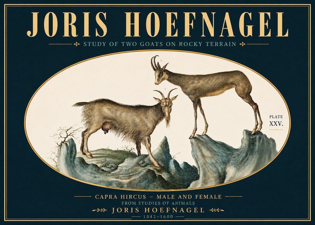 Joris Hoefnagel Study of Two Goats on Rocky Terrain No5 - Juliste