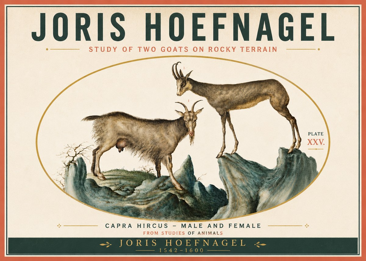 Joris Hoefnagel Study of Two Goats on Rocky Terrain No6 - Juliste
