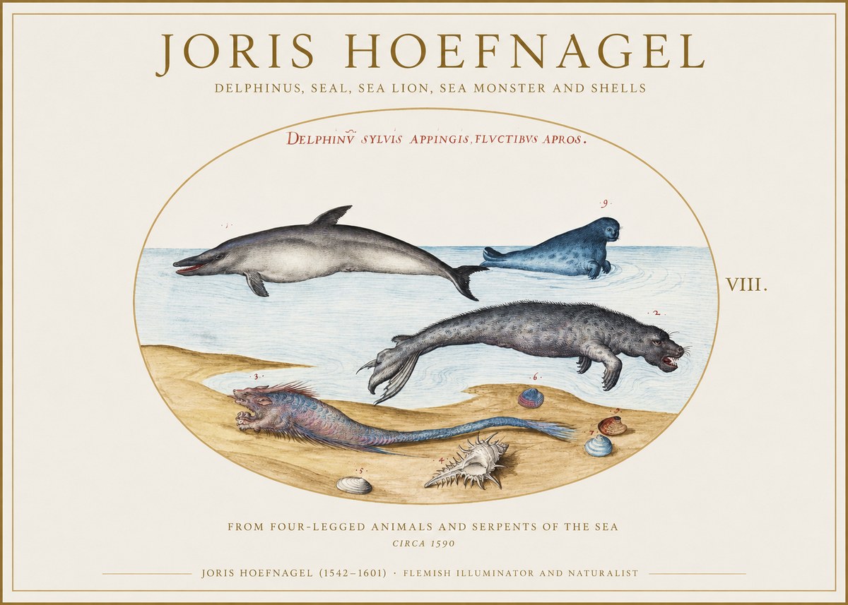 Joris Hoefnagel Delphinus, Seal, Sea Lion, Sea Monster and Shells No1 - Juliste