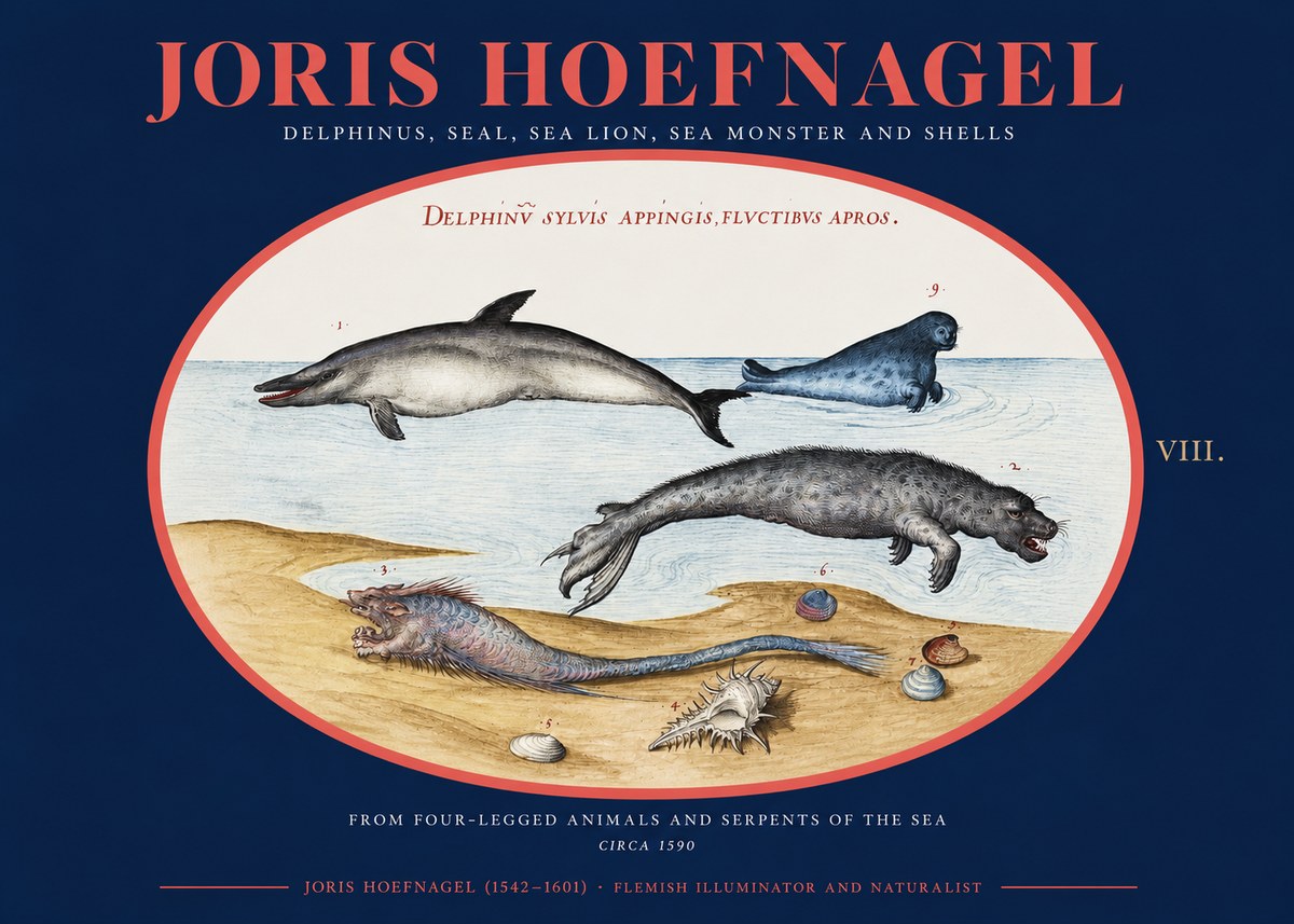 Joris Hoefnagel Delphinus, Seal, Sea Lion, Sea Monster and Shells No2 - Juliste