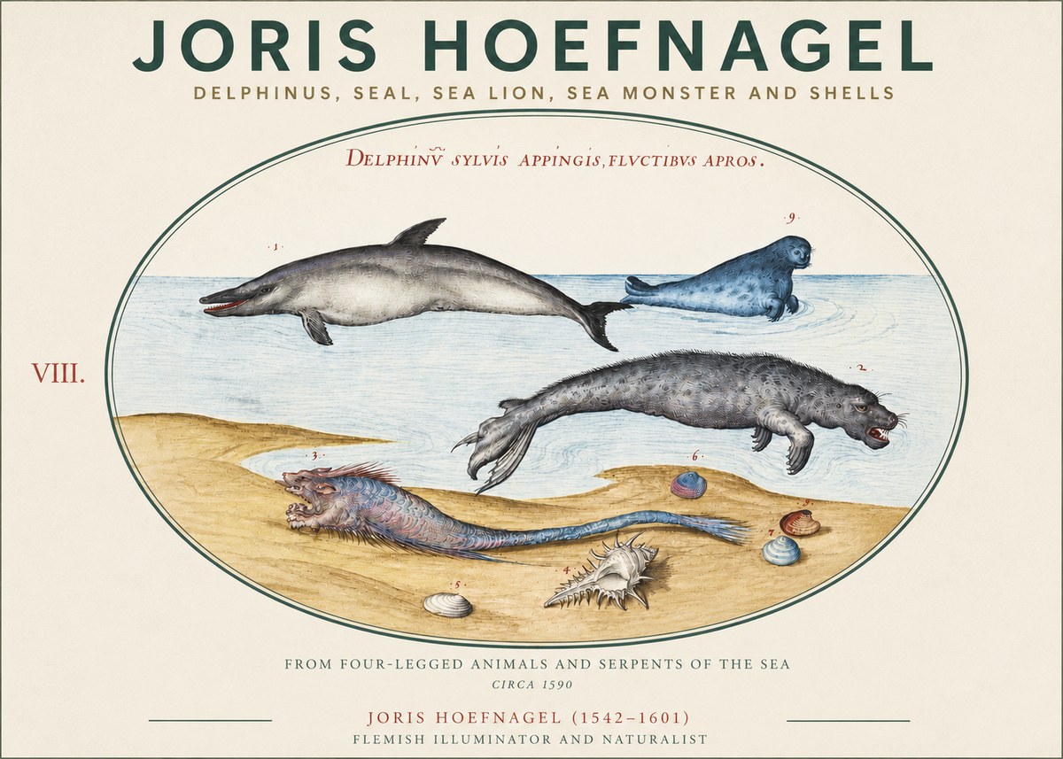 Joris Hoefnagel Delphinus, Seal, Sea Lion, Sea Monster and Shells No3 - Juliste