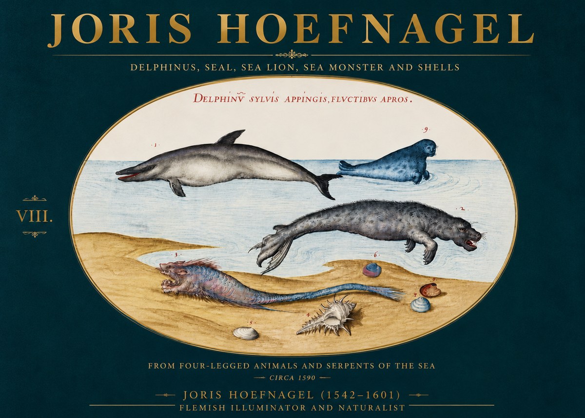 Joris Hoefnagel Delphinus, Seal, Sea Lion, Sea Monster and Shells No4 - Juliste