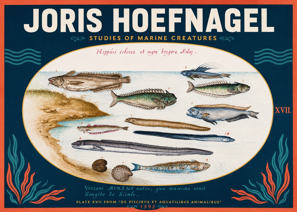 Joris Hoefnagel Plate Xvii from "De Piscibus Et Aquatilibus Animalibus" No2 - Juliste
