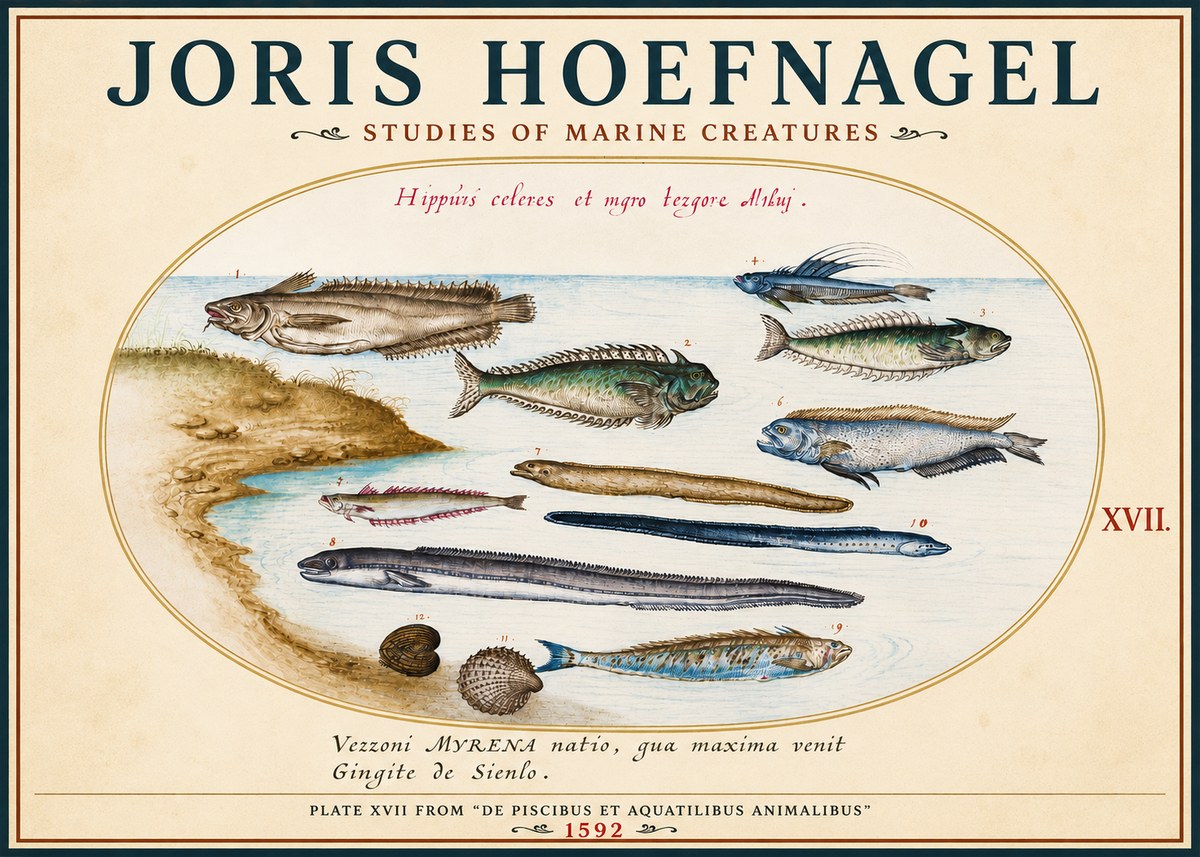 Joris Hoefnagel Plate Xvii from "De Piscibus Et Aquatilibus Animalibus" No3 - Juliste
