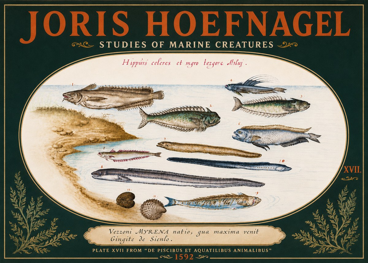 Joris Hoefnagel Plate Xvii from "De Piscibus Et Aquatilibus Animalibus" No4 - Juliste