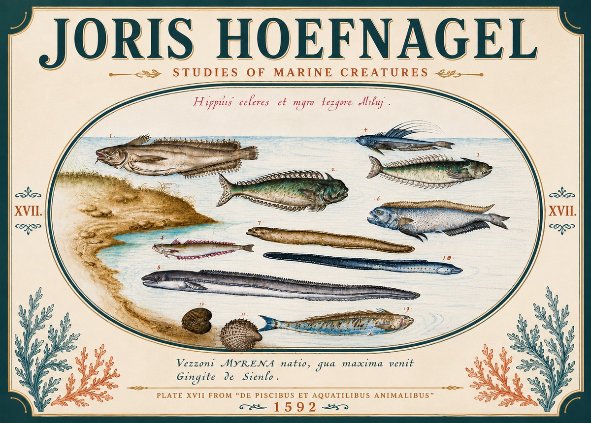 Joris Hoefnagel Plate Xvii from "De Piscibus Et Aquatilibus Animalibus" No6 - Juliste