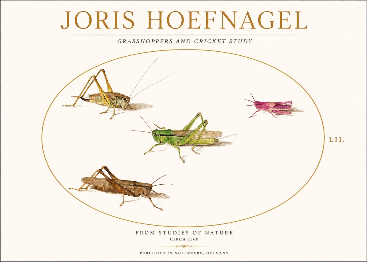 Joris Hoefnagel Three Grasshoppers and a Locust No2 - Juliste