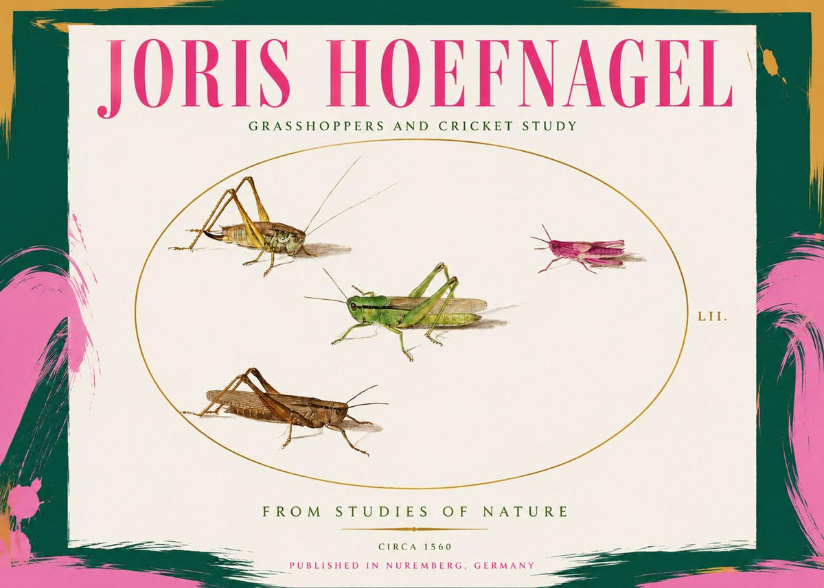 Joris Hoefnagel Three Grasshoppers and a Locust No3 - Juliste