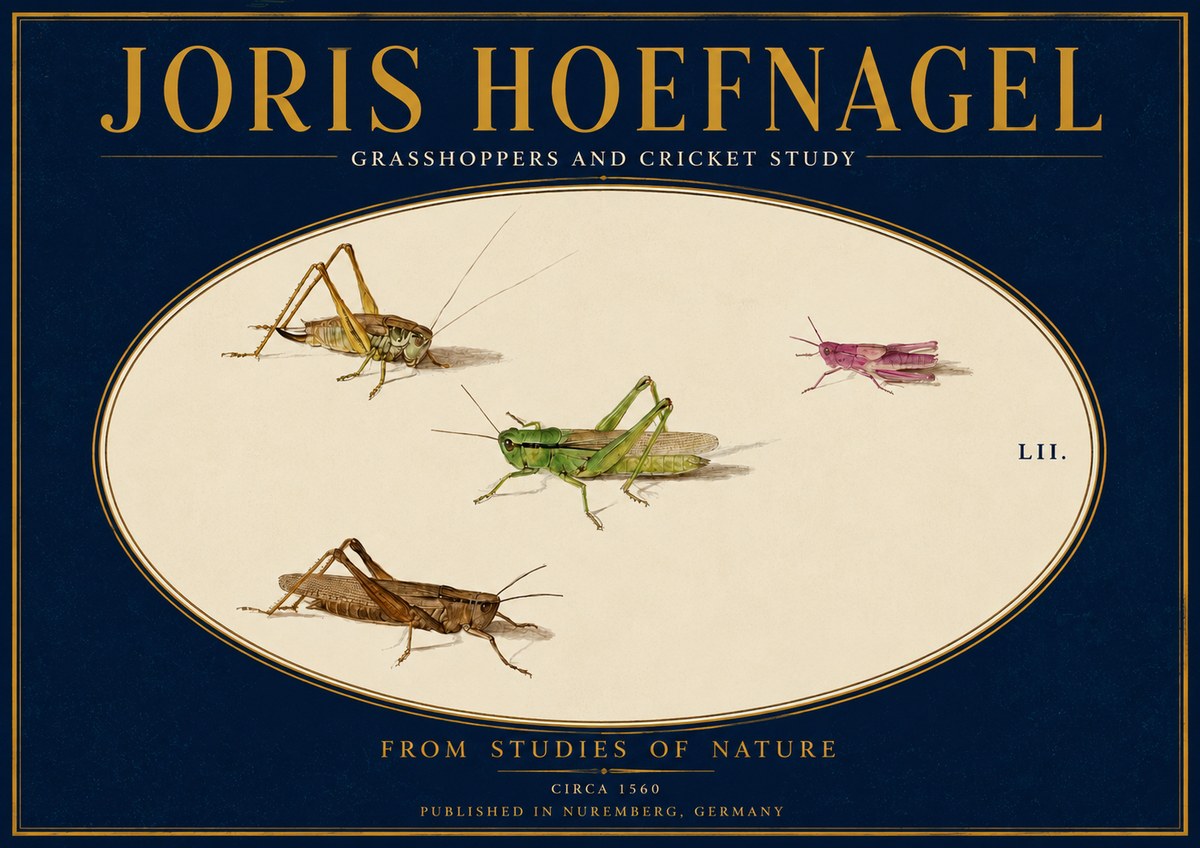 Joris Hoefnagel Three Grasshoppers and a Locust No4 - Juliste