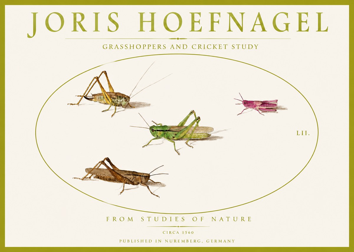 Joris Hoefnagel Three Grasshoppers and a Locust No5 - Juliste