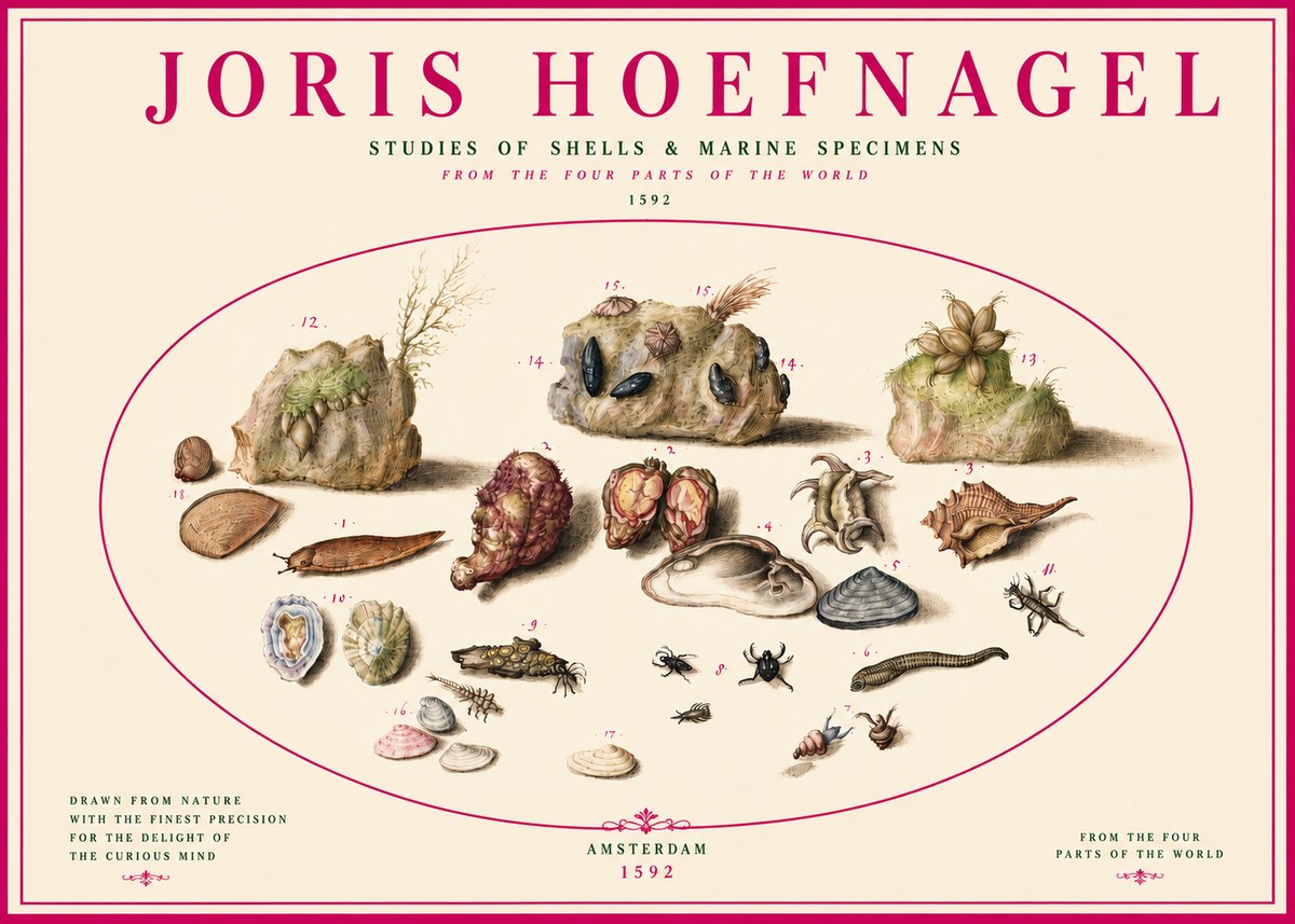 Joris Hoefnagel Studies of Shells & Marine Specimens No3 - Juliste