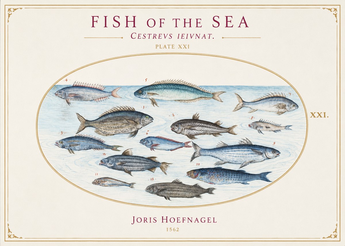 Joris Hoefnagel Fish of the Sea - Cestrevs Ieivnat. Plate Xxi No1 - Juliste