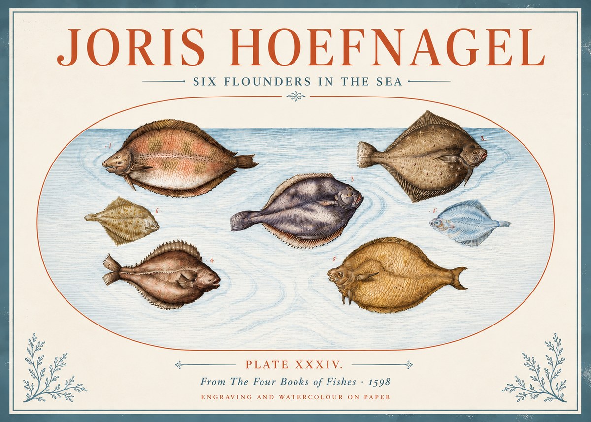 Joris Hoefnagel Six Flounders in the Sea No4 - Juliste