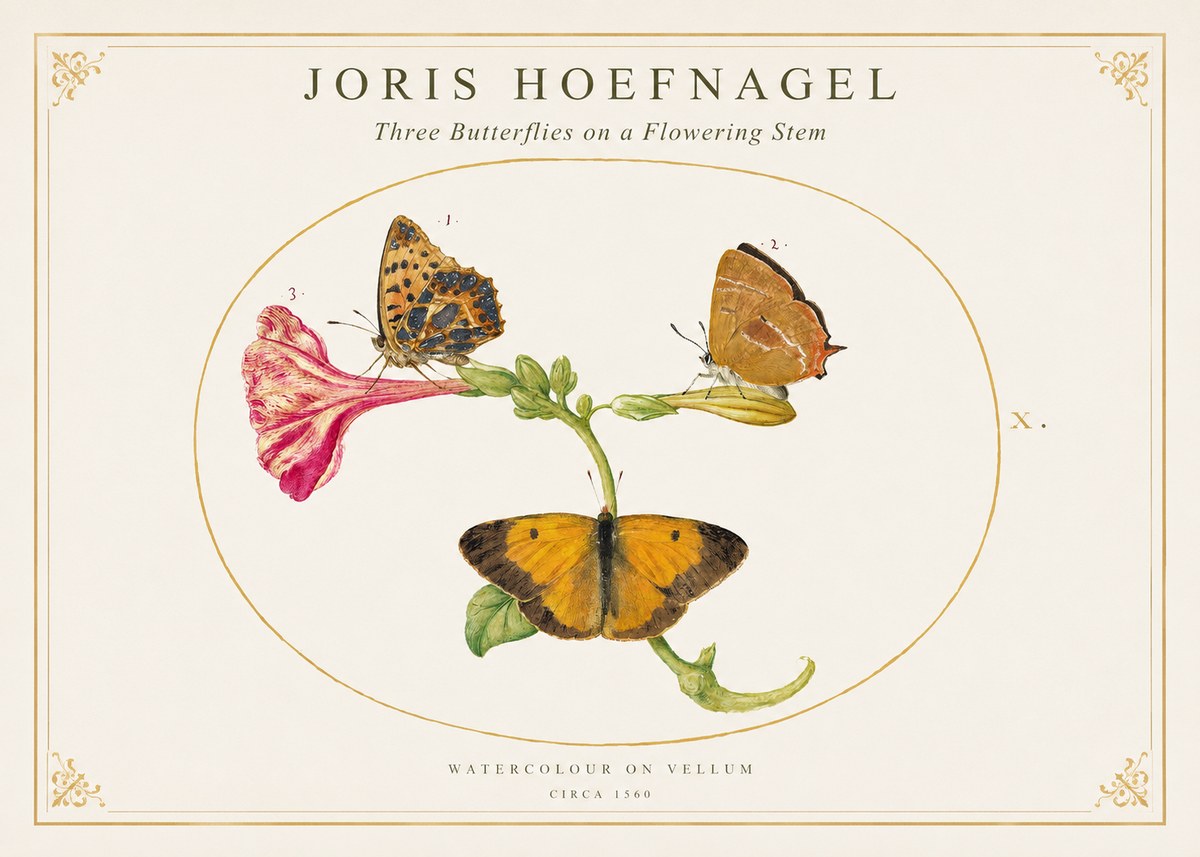 Joris Hoefnagel Three Butterflies on a Flowering Stem No1 - Juliste