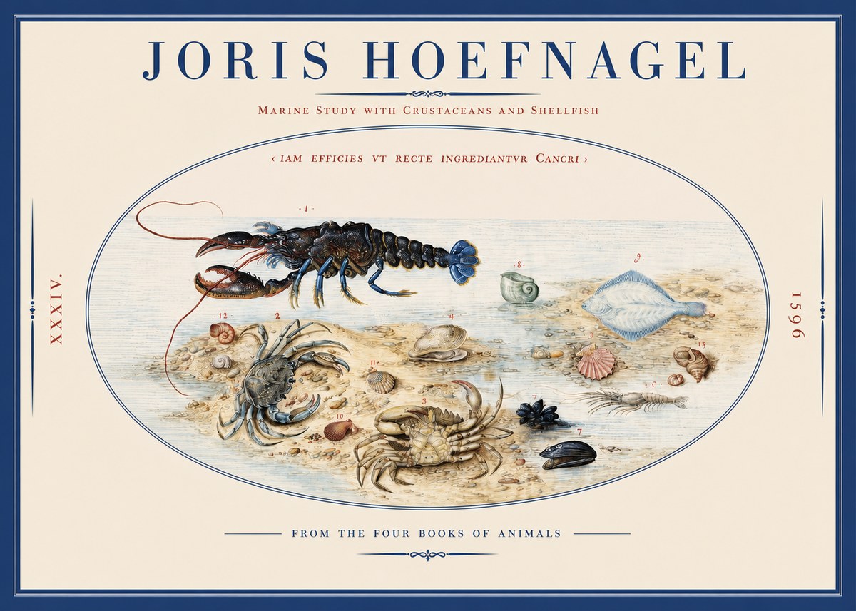Joris Hoefnagel Marine Study with Crustaceans and Shellfish No2 - Juliste
