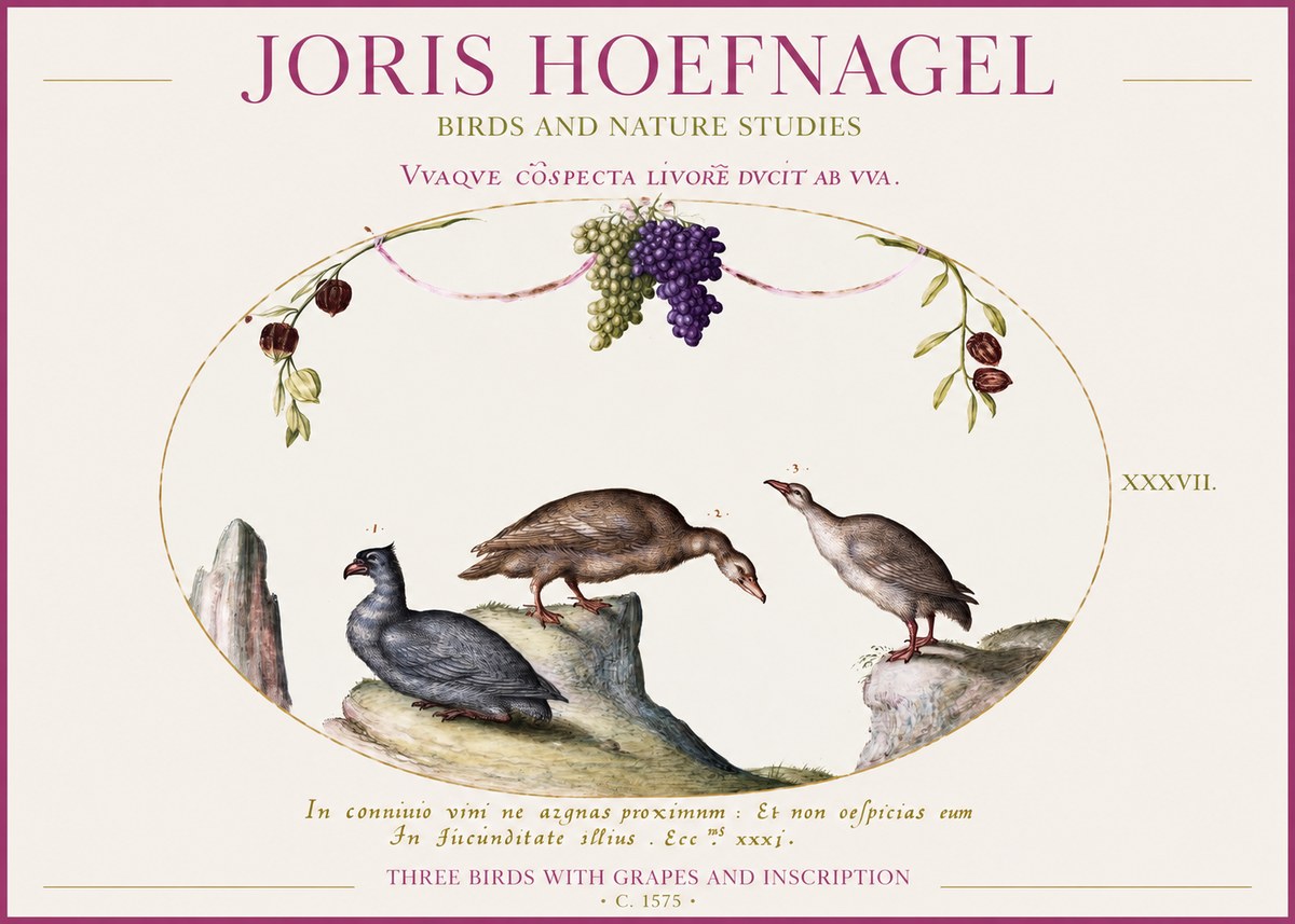 Joris Hoefnagel Three Birds with Grapes and Inscription No1 - Juliste