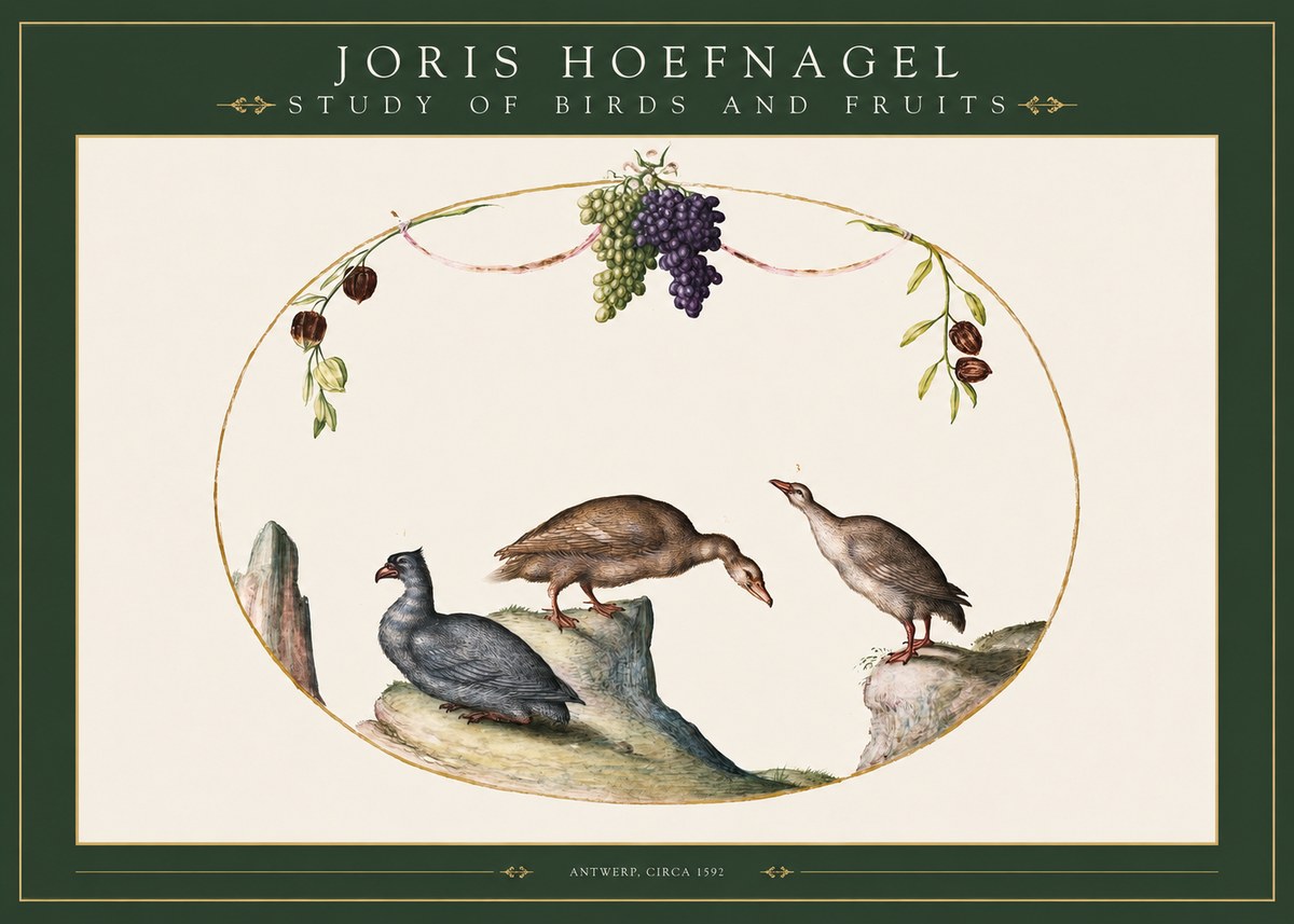 Joris Hoefnagel Three Birds with Grapes and Inscription No3 - Juliste