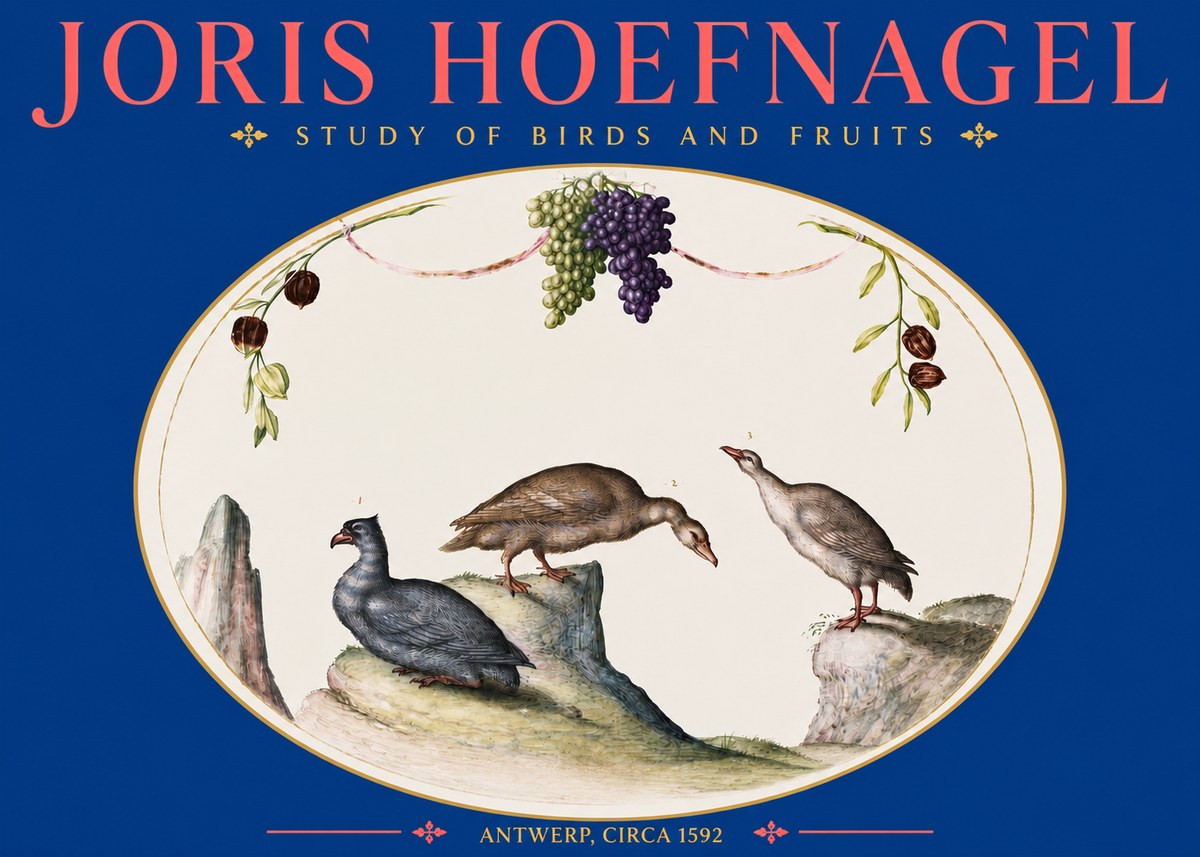 Joris Hoefnagel Three Birds with Grapes and Inscription No5 - Juliste
