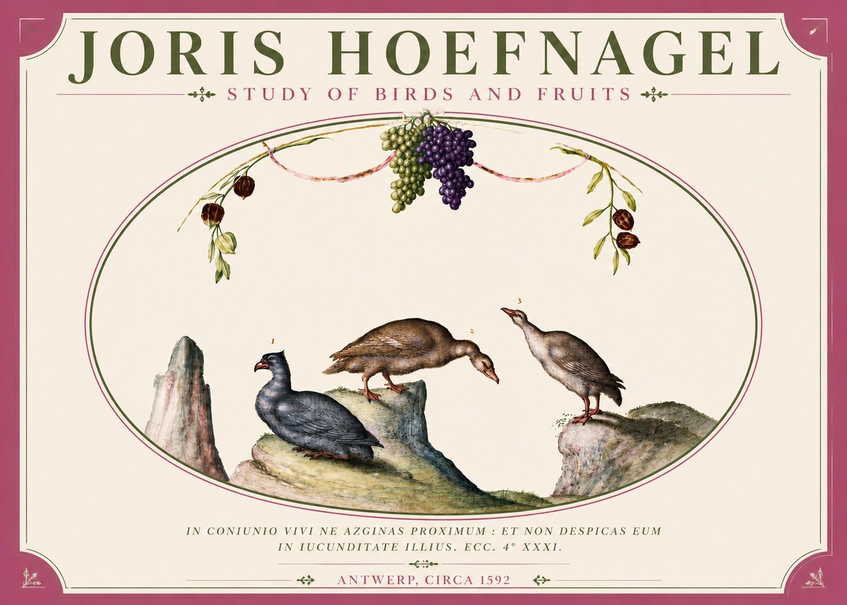 Joris Hoefnagel Three Birds with Grapes and Inscription No6 - Juliste