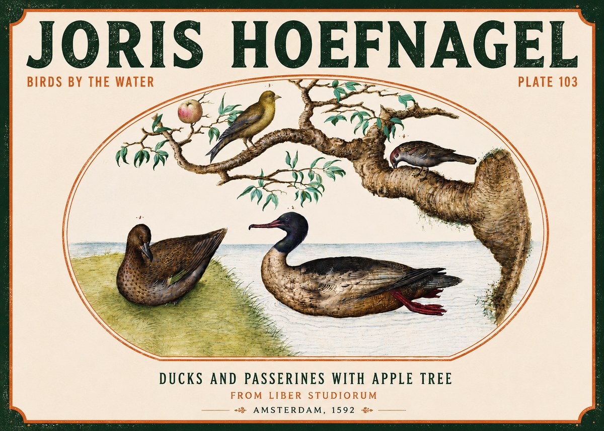 Joris Hoefnagel Ducks and Passerines with Apple Tree No4 - Juliste