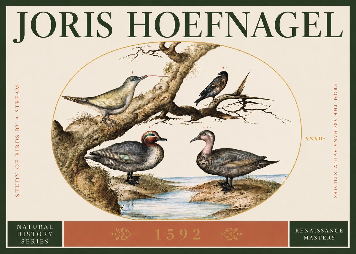 Joris Hoefnagel Study of Birds by a Stream No2 - Juliste