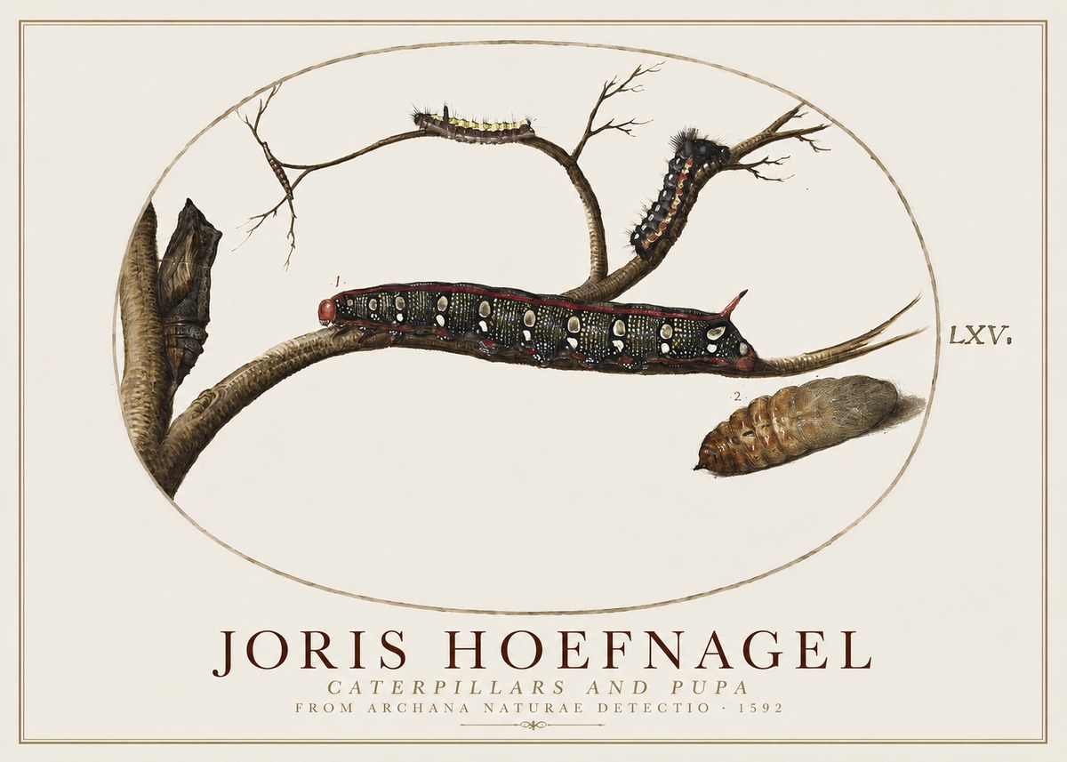 Joris Hoefnagel Caterpillars and Pupa No1 - Juliste
