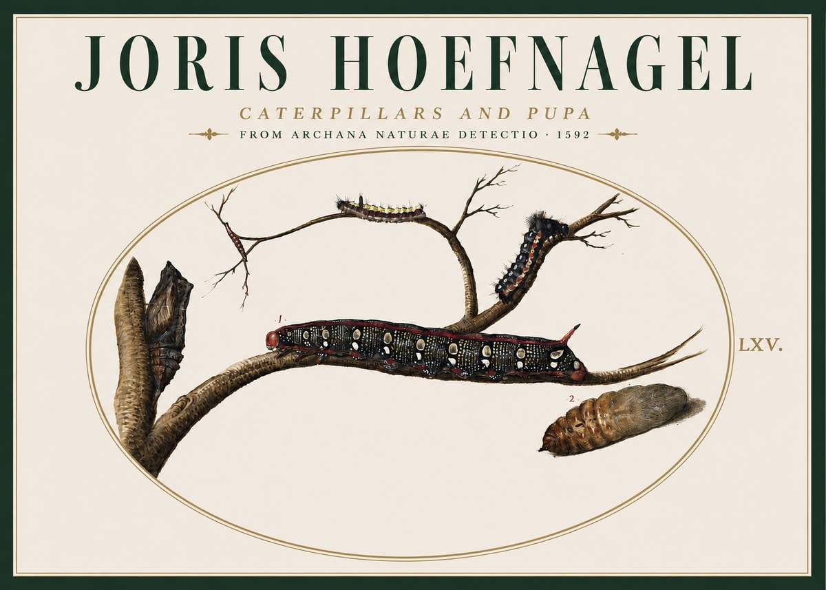 Joris Hoefnagel Caterpillars and Pupa No4 - Juliste