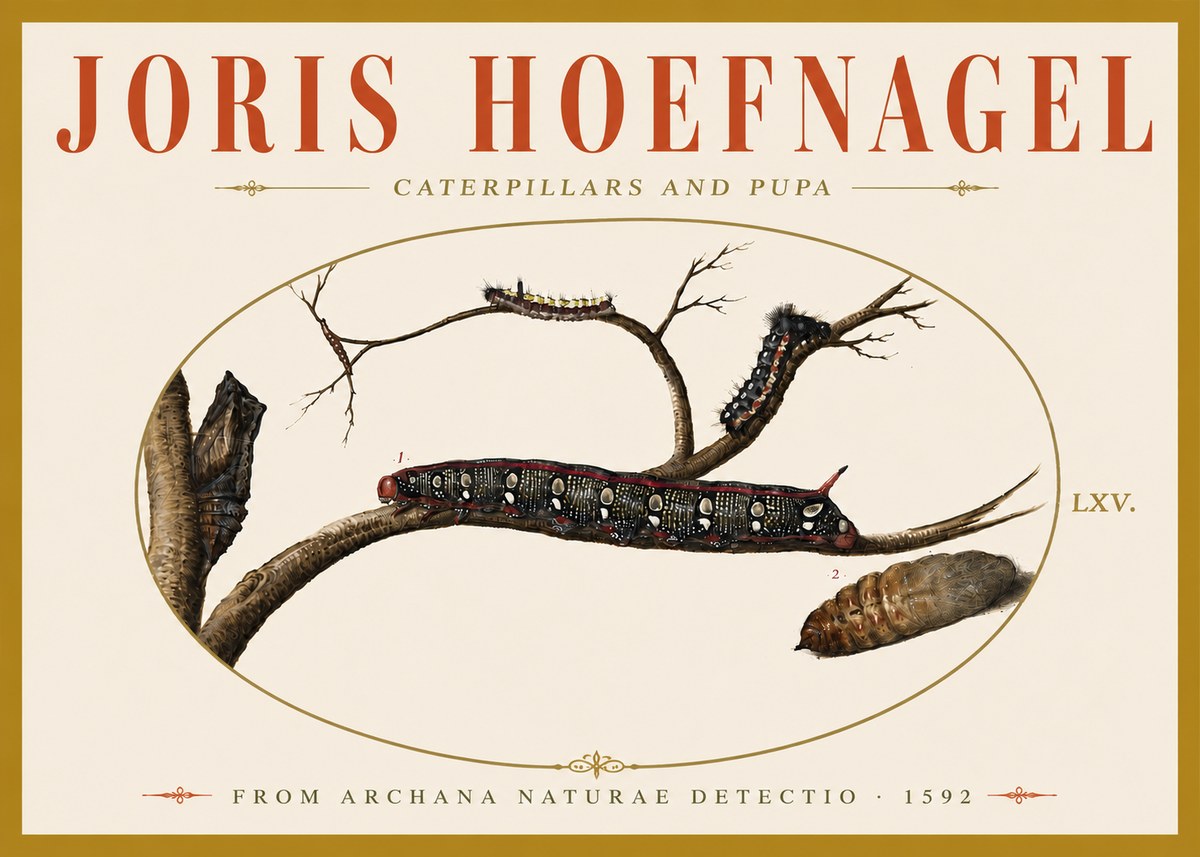 Joris Hoefnagel Caterpillars and Pupa No6 - Juliste