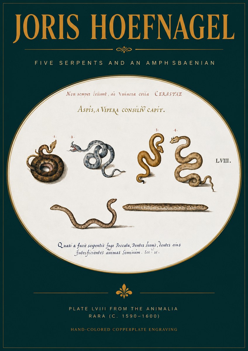 Joris Hoefnagel Five Serpents and an Amphisbaenian No2 - Juliste