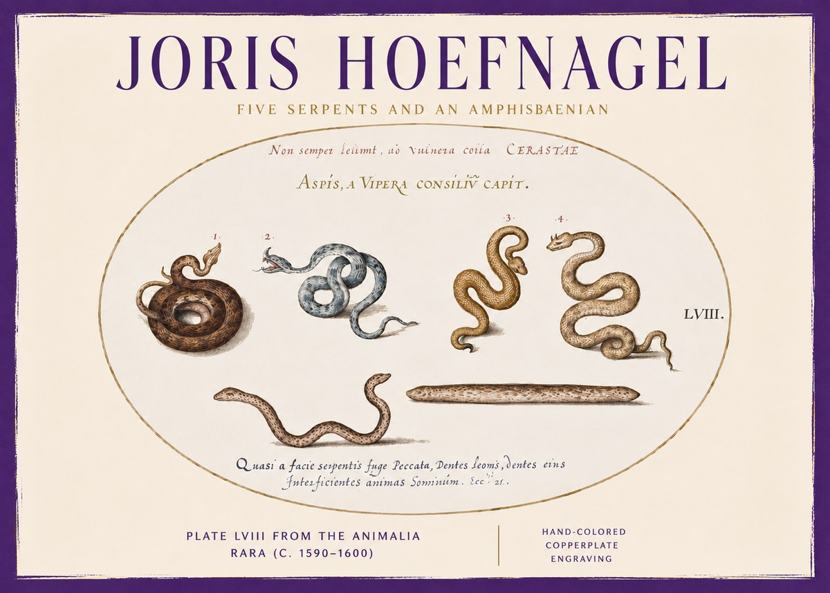 Joris Hoefnagel Five Serpents and an Amphisbaenian No3 - Juliste