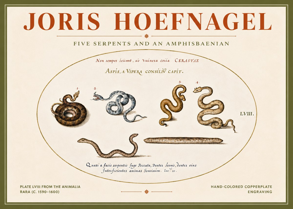 Joris Hoefnagel Five Serpents and an Amphisbaenian No4 - Juliste