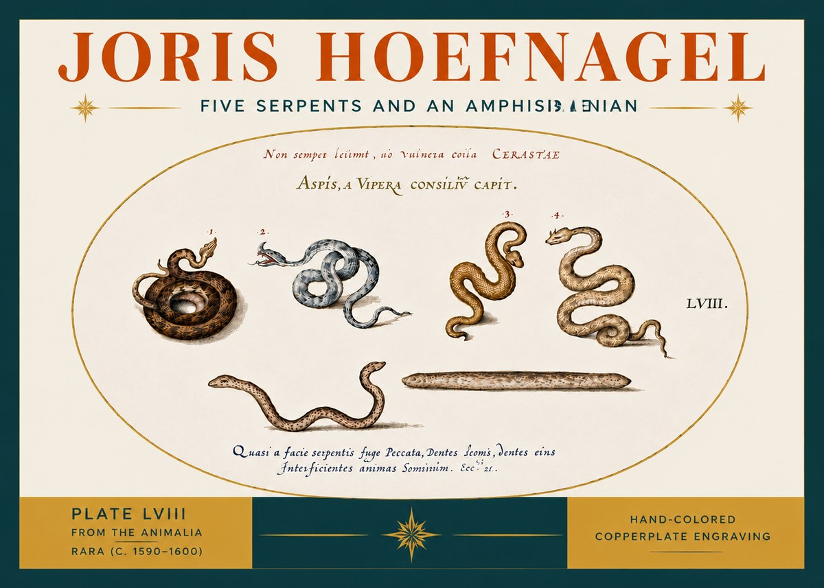 Joris Hoefnagel Five Serpents and an Amphisbaenian No6 - Juliste