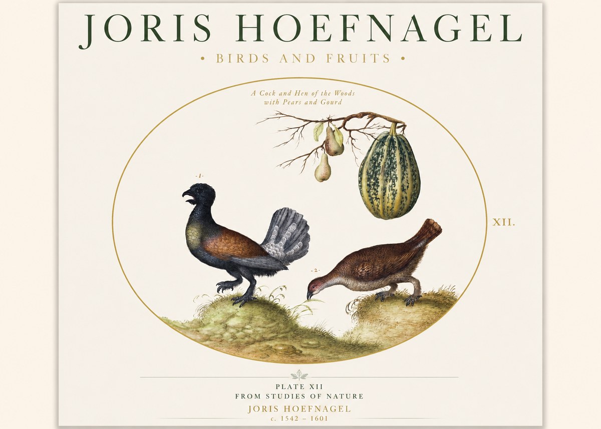 Joris Hoefnagel A Cock and Hen of the Woods with Pears and Gourd No1 - Juliste