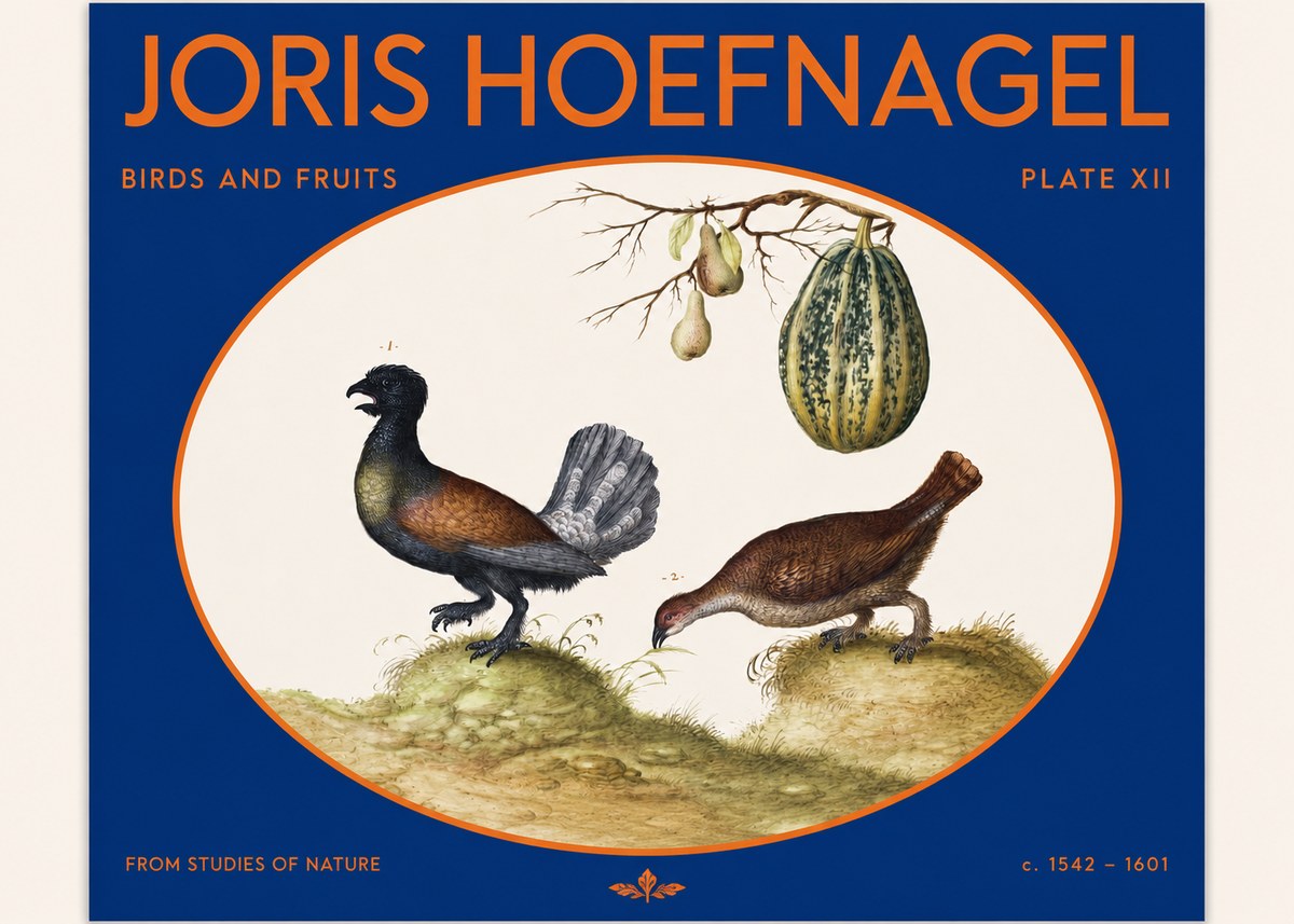 Joris Hoefnagel A Cock and Hen of the Woods with Pears and Gourd No2 - Juliste