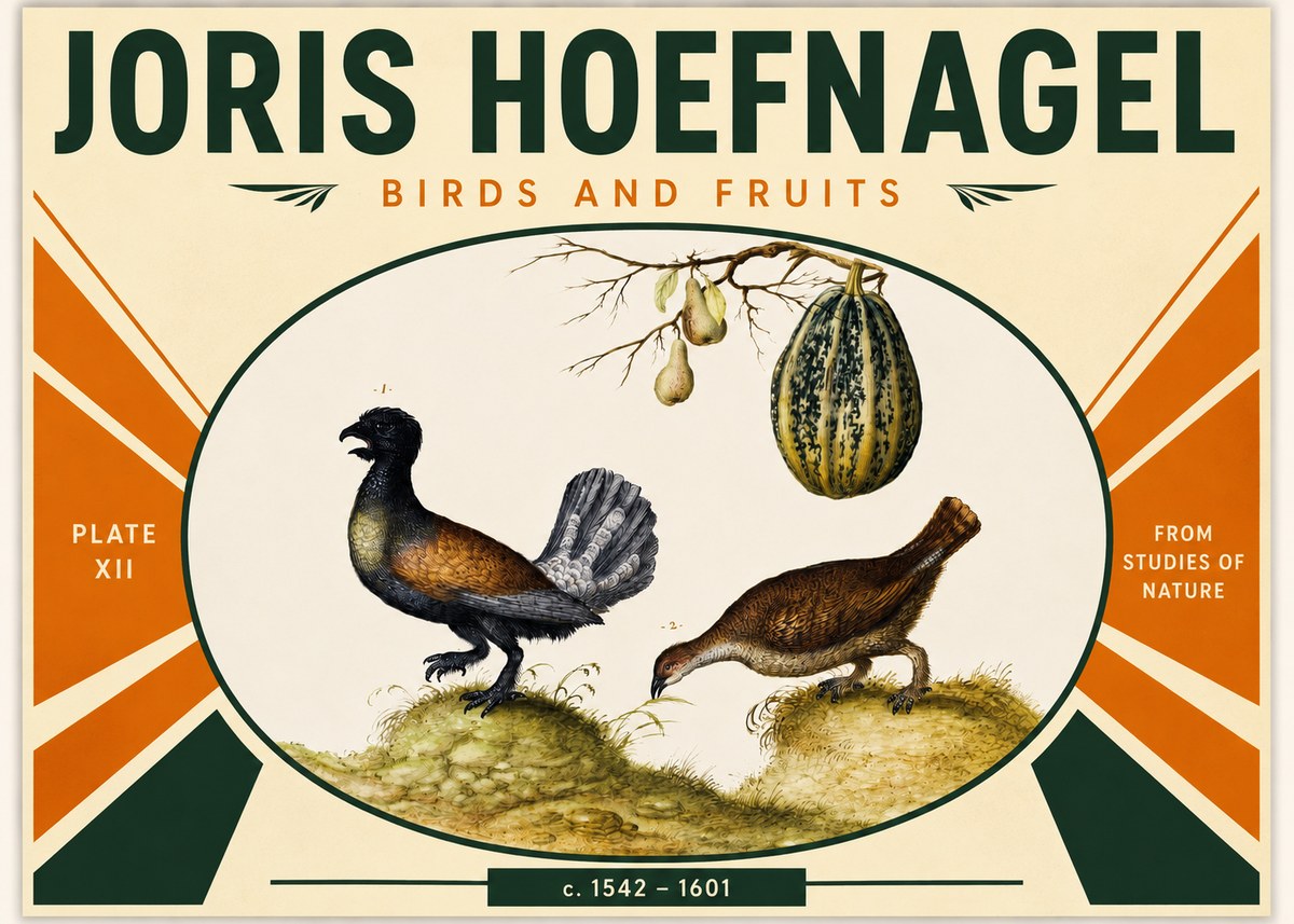 Joris Hoefnagel A Cock and Hen of the Woods with Pears and Gourd No3 - Juliste