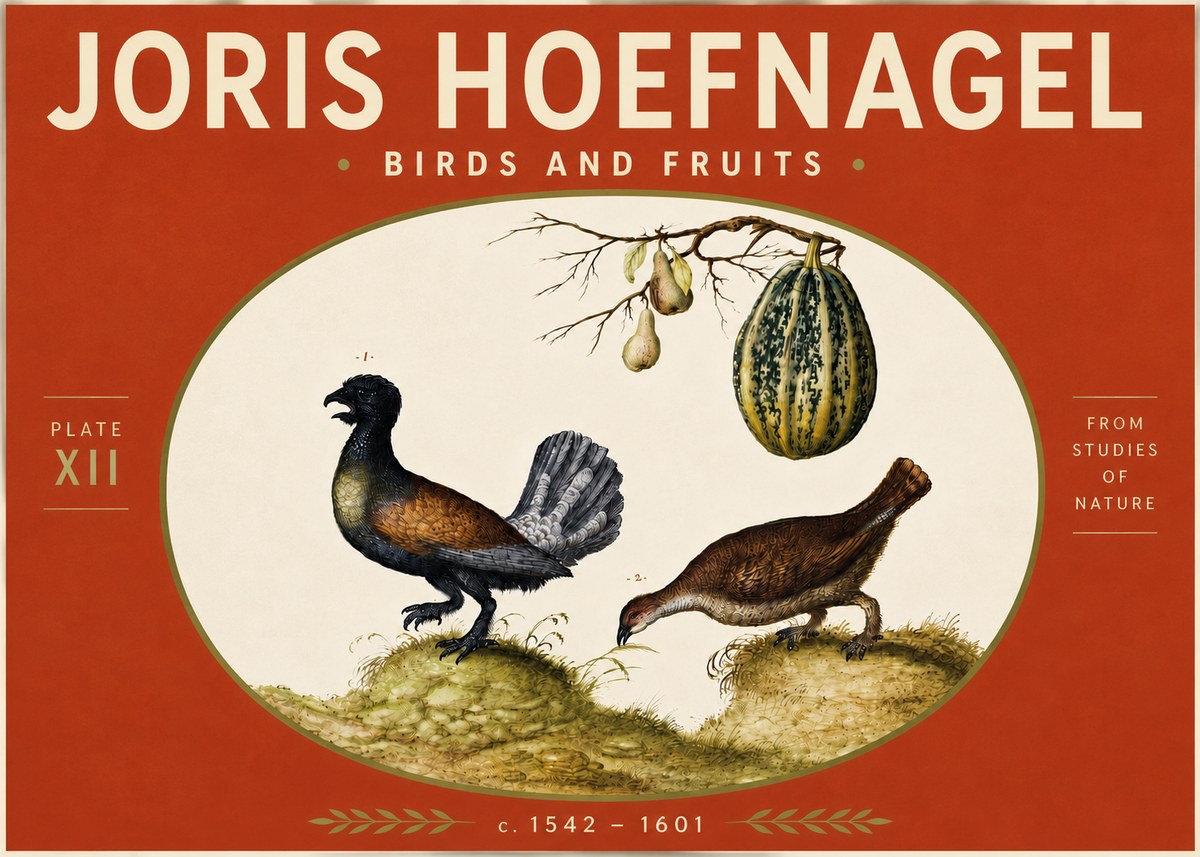Joris Hoefnagel A Cock and Hen of the Woods with Pears and Gourd No5 - Juliste