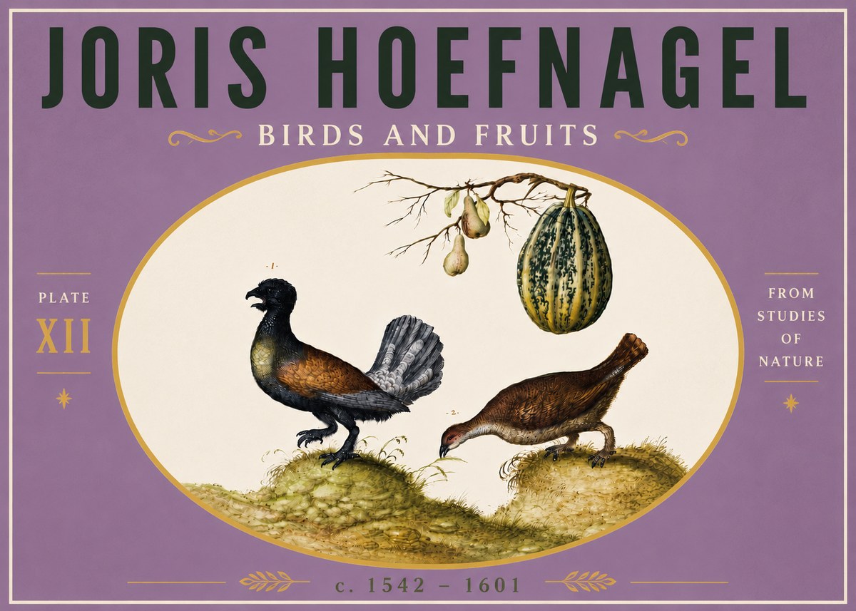 Joris Hoefnagel A Cock and Hen of the Woods with Pears and Gourd No6 - Juliste