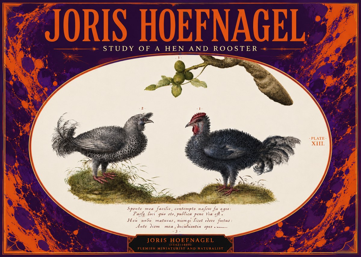 Joris Hoefnagel Study of a Hen and Rooster No4 - Juliste