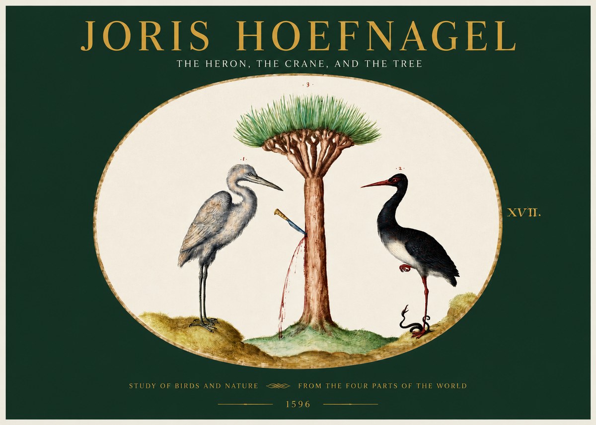 Joris Hoefnagel The Heron, the Crane, and the Tree No2 - Juliste