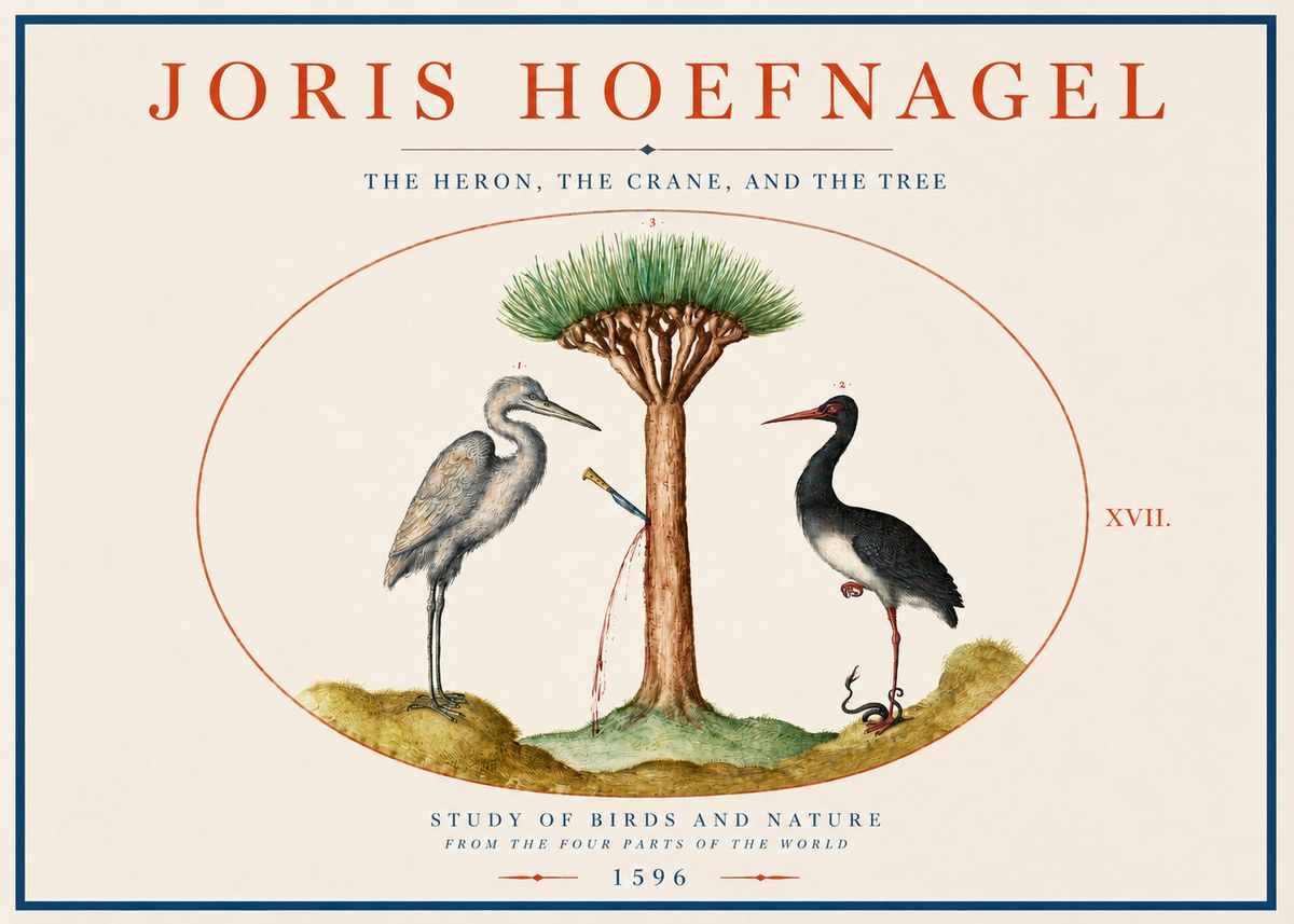 Joris Hoefnagel The Heron, the Crane, and the Tree No3 - Juliste