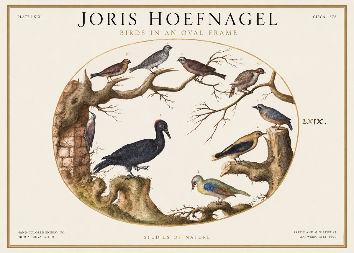 Joris Hoefnagel Birds in an Oval Frame No1 - Juliste