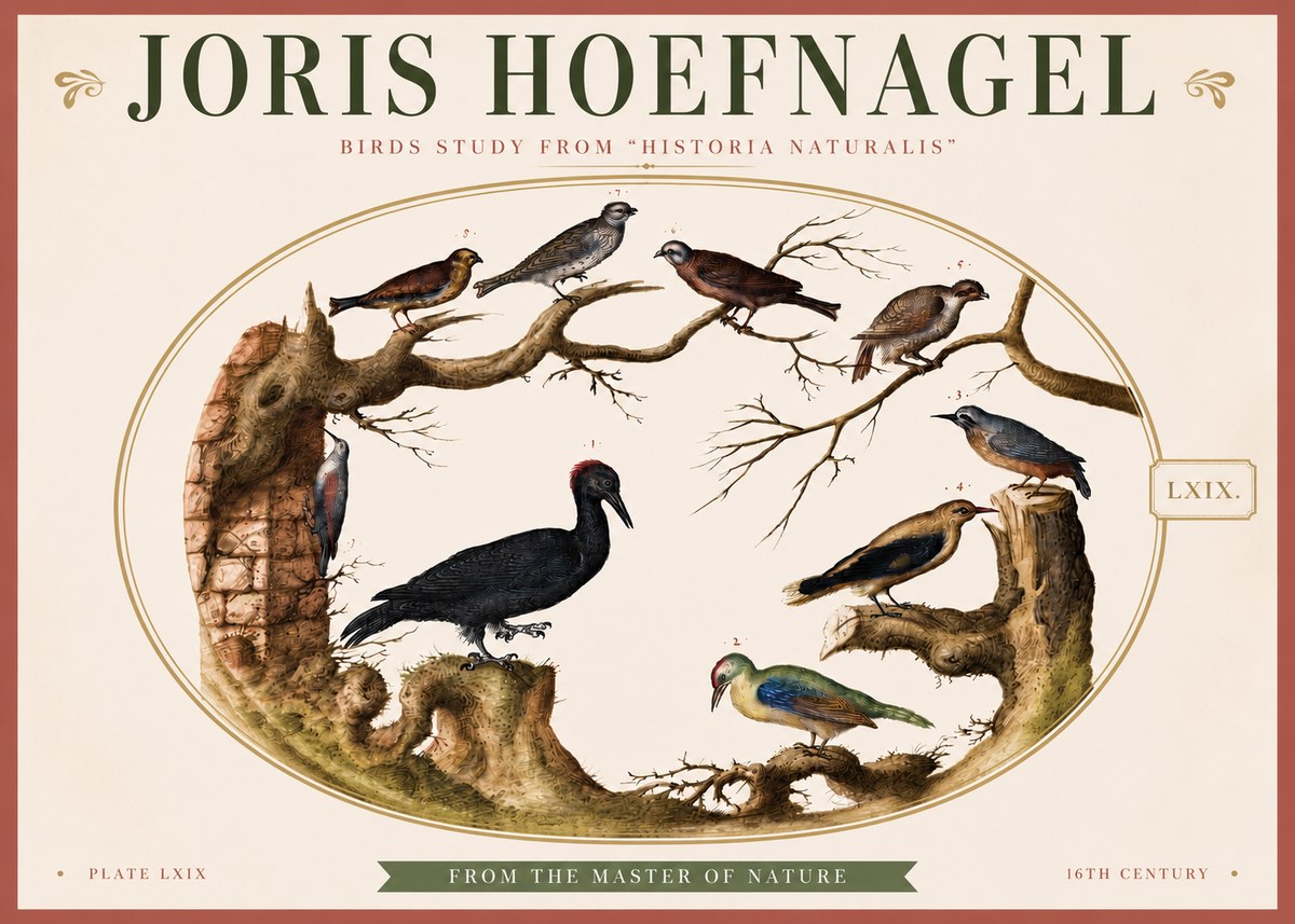 Joris Hoefnagel Birds in an Oval Frame No4 - Juliste