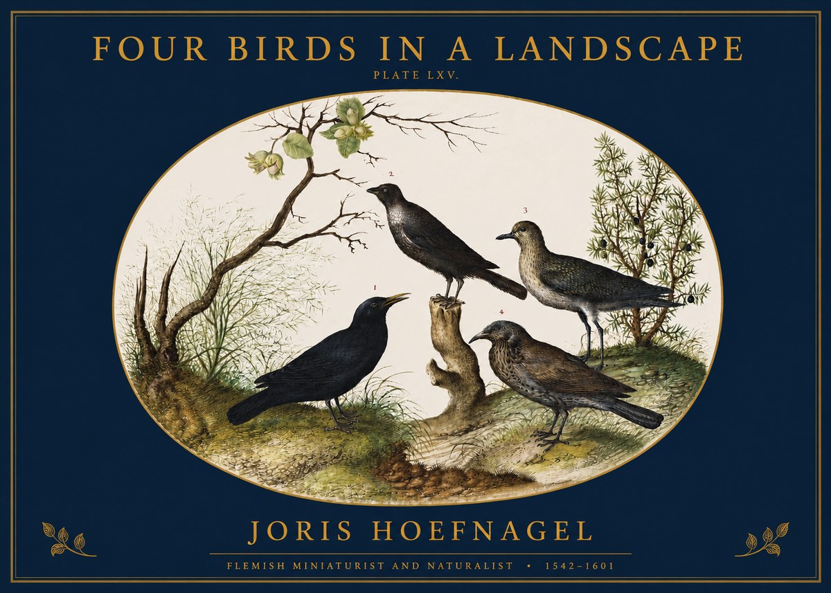 Joris Hoefnagel Four Birds in a Landscape No2 - Juliste