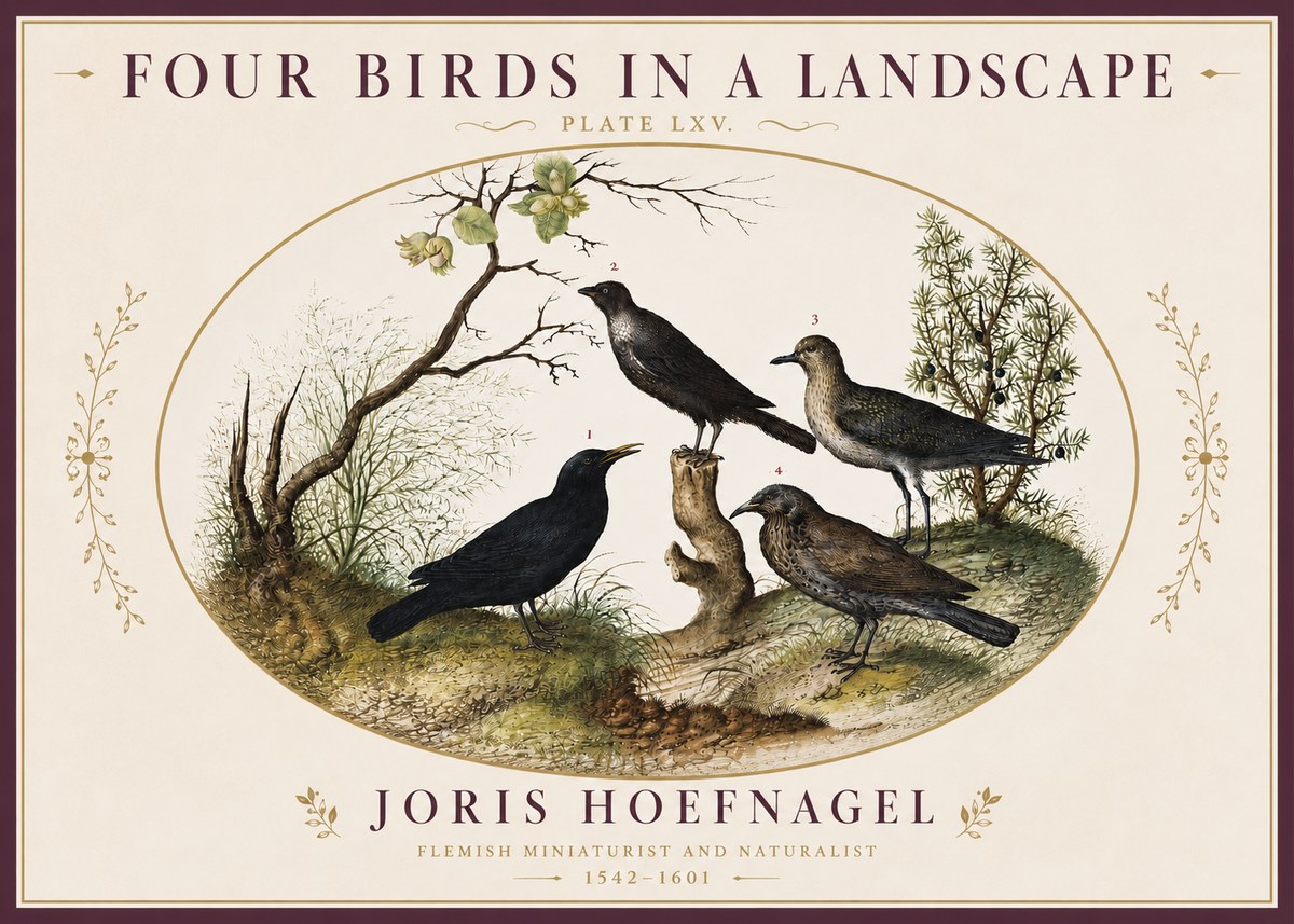 Joris Hoefnagel Four Birds in a Landscape No4 - Juliste