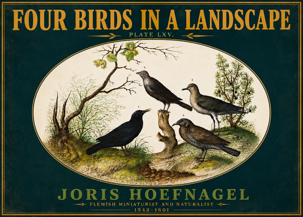 Joris Hoefnagel Four Birds in a Landscape No6 - Juliste