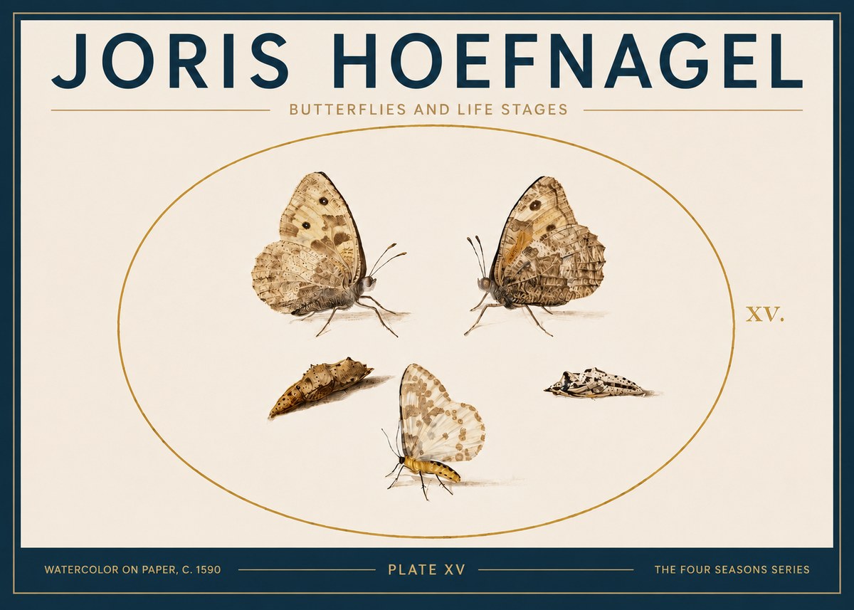 Joris Hoefnagel Butterflies and Life Stages - Plate Xv No5 - Juliste