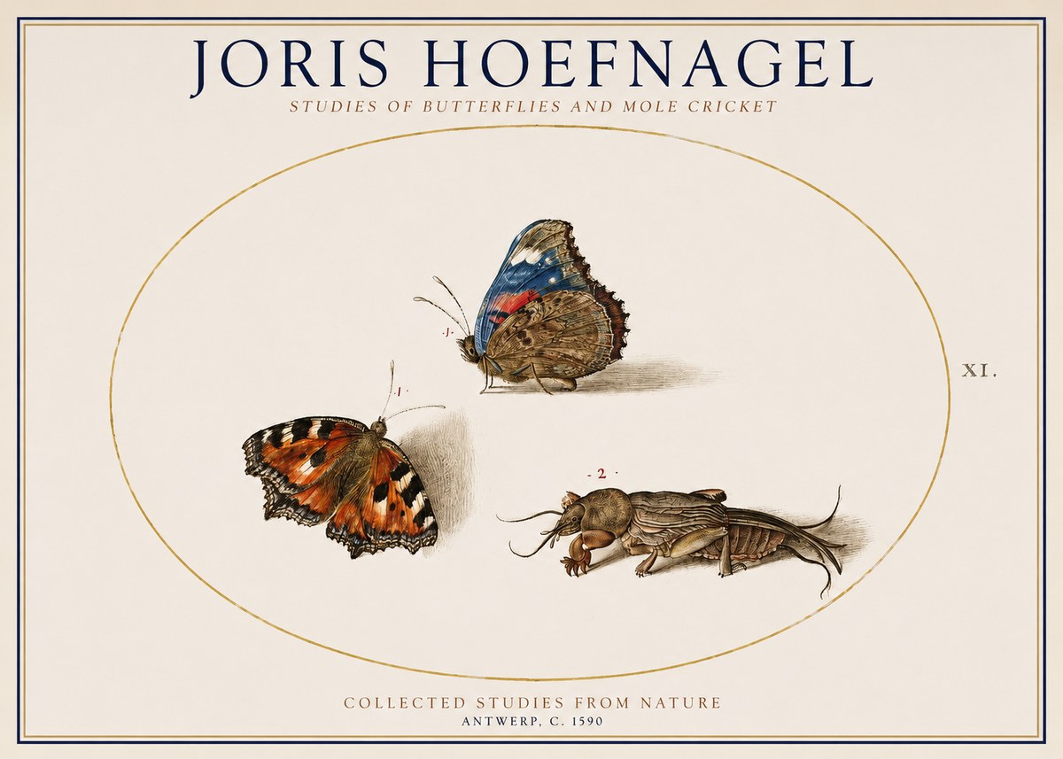Joris Hoefnagel Studies of Butterflies and Mole Cricket No1 - Juliste
